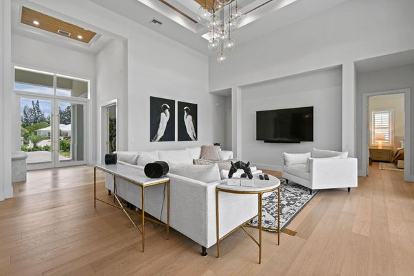 Interior, Living room, Pendant Lights, Recessed Lighting, Wood Texture Flooring