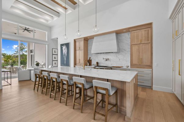 Interior, Kitchen, Marble Walls, Pendant Lights, Recessed Lighting, Wood Texture Flooring