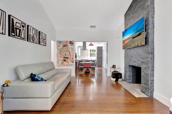 Dining room, Fireplace, Interior, Living room, Pendant Lights, Wood Texture Flooring