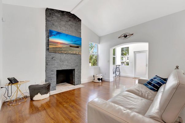 Fireplace, Interior, Living room, Stone Walls, Wood Texture Flooring