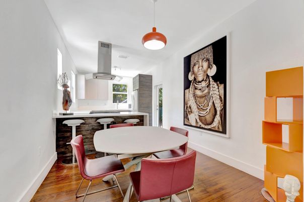 Dining room, Interior, Pendant Lights, Wood Texture Flooring