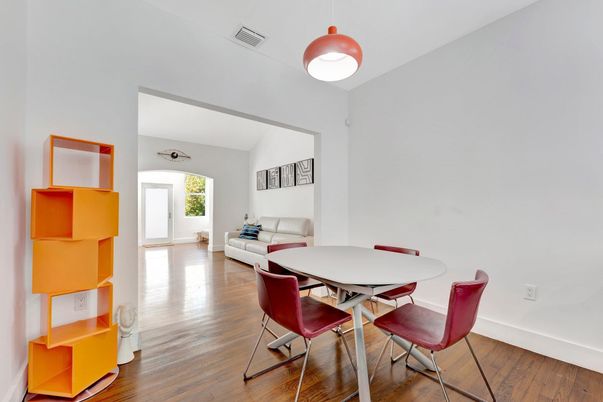 Dining room, Interior, Pendant Lights, Wood Texture Flooring