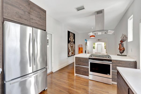 Interior, Kitchen, Pendant Lights, Stainless Steel Appliances, Wood Texture Flooring