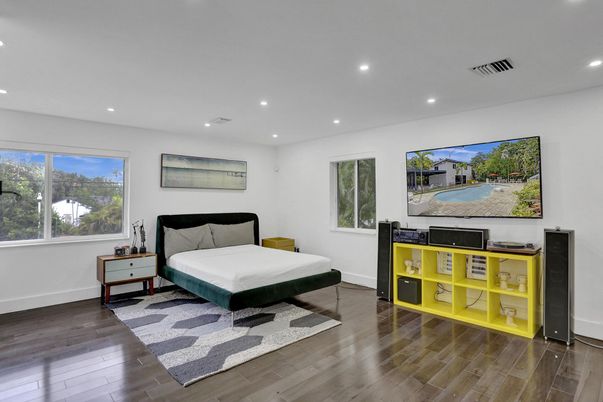 Bedroom, Interior, Recessed Lighting, Wood Texture Flooring