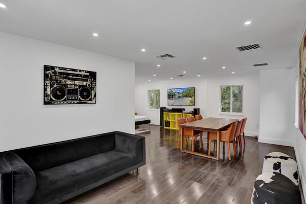 Dining room, Interior, Recessed Lighting, Wood Texture Flooring
