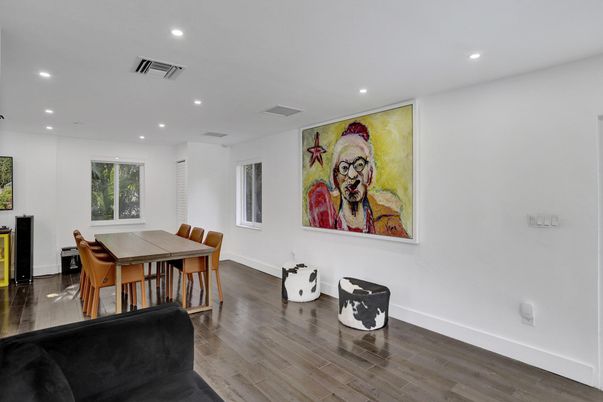 Dining room, Interior, Recessed Lighting, Wood Texture Flooring