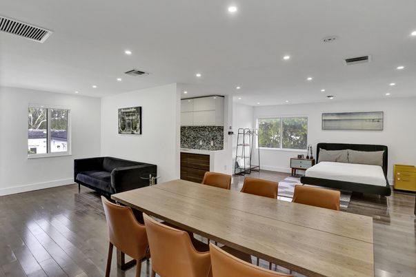 Dining room, Interior, Living room, Recessed Lighting, Wood Texture Flooring