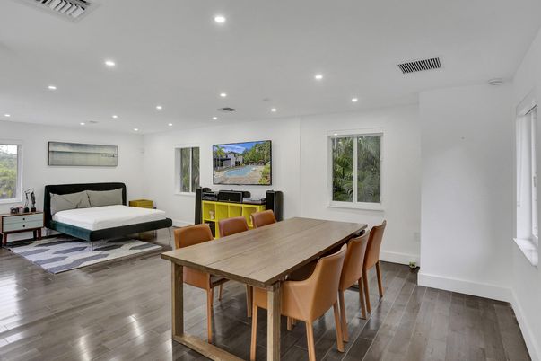 Dining room, Interior, Recessed Lighting, Wood Texture Flooring