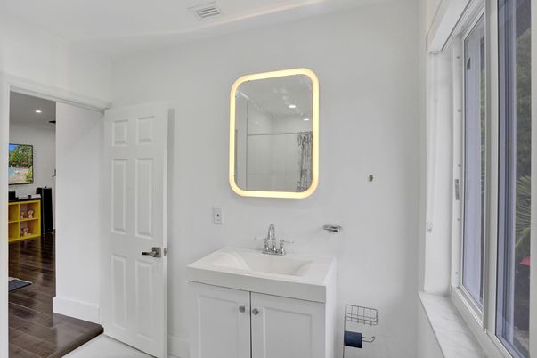 Bathroom, Dual Sink Vanities, Interior, Recessed Lighting, Wood Texture Flooring