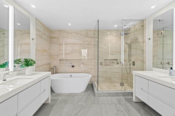 Bathroom, Dual Sink Vanities, Free Standing Baths, Glass Shower, Interior, Marble, Marble Walls, Recessed Lighting