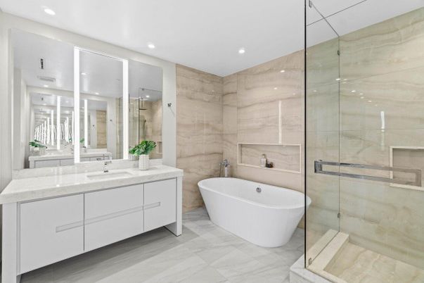 Bathroom, Dual Sink Vanities, Free Standing Baths, Glass Shower, Interior, Marble, Marble Walls, Recessed Lighting