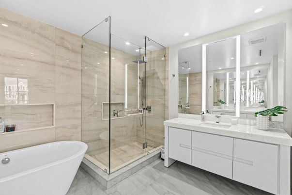 Bathroom, Dual Sink Vanities, Free Standing Baths, Glass Shower, Interior, Marble, Marble Walls, Recessed Lighting