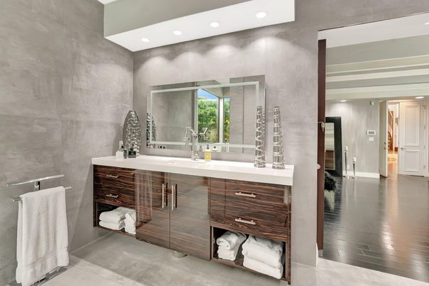 Bathroom, Dual Sink Vanities, Interior, Recessed Lighting, Wood Texture Flooring