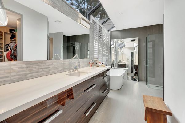 Bathroom, Dual Sink Vanities, Free Standing Baths, Glass Shower, Interior, Recessed Lighting, Wood Texture Flooring