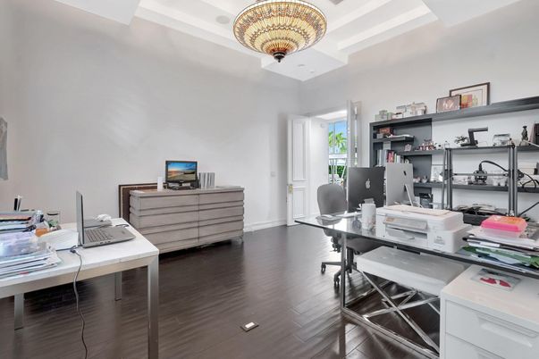 Chandelier, Home Office, Interior, Wood Texture Flooring