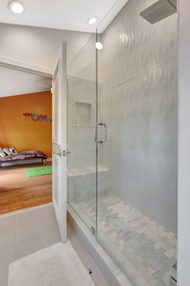 Bathroom, Glass Shower, Interior, Recessed Lighting, Wood Texture Flooring