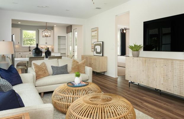Dining room, Interior, Living room, Pendant Lights, Recessed Lighting, Wood Texture Flooring