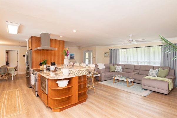 Dining room, Interior, Kitchen, Living room, Recessed Lighting, Wood Texture Flooring