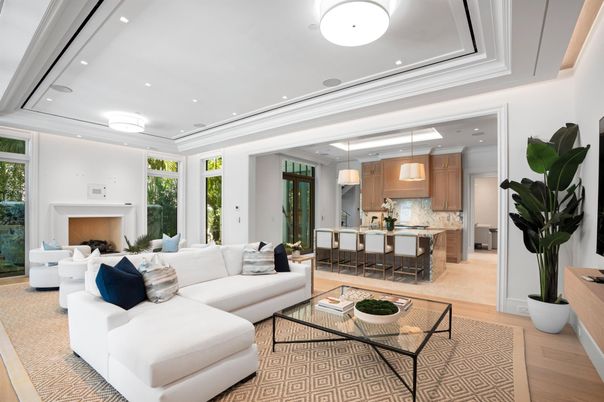 Fireplace, Interior, Kitchen, Living room, Pendant Lights, Recessed Lighting, Wood Texture Flooring