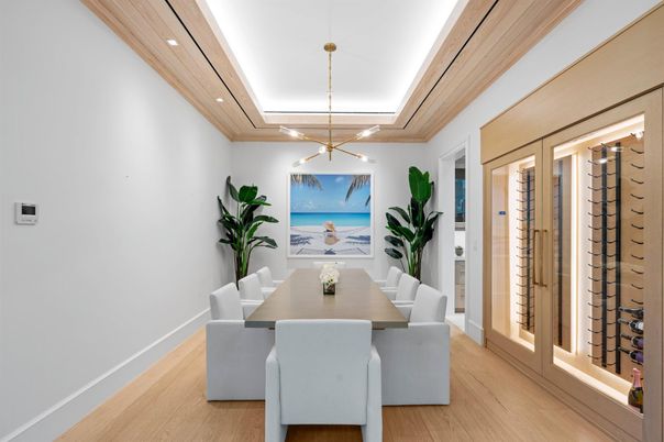 Dining room, Interior, Pendant Lights, Recessed Lighting, Wine Storage, Wood Texture Flooring