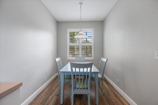 Dining room, Interior, Pendant Lights, Wood Texture Flooring