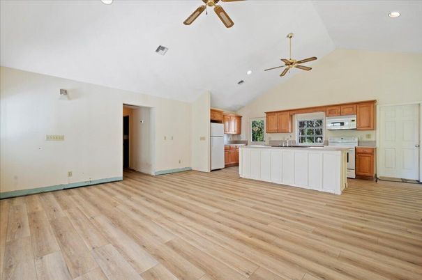 Empty room, Interior, Kitchen, Recessed Lighting, Wood Texture Flooring