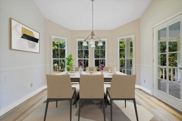Dining room, Interior, Pendant Lights, Wood Texture Flooring