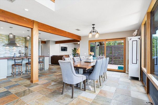 Dining room, Interior, Kitchen, Pendant Lights, Recessed Lighting, Wooden Beams