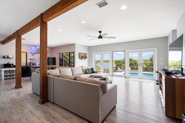 Interior, Kitchen, Living room, Recessed Lighting, Wooden Beams, Wood Texture Flooring