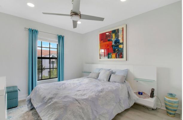 Bedroom, Interior, Recessed Lighting, Wood Texture Flooring