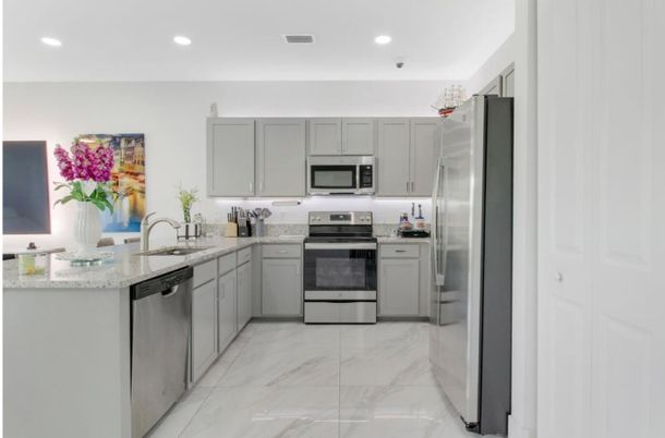 Interior, Kitchen, Marble, Recessed Lighting, Stainless Steel Appliances