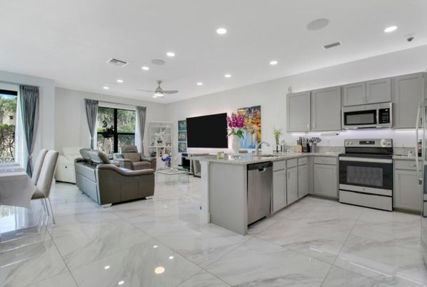 Interior, Kitchen, Living room, Marble, Recessed Lighting, Stainless Steel Appliances