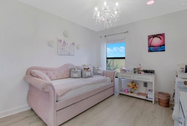 Bedroom, Chandelier, Interior, Recessed Lighting, Wood Texture Flooring