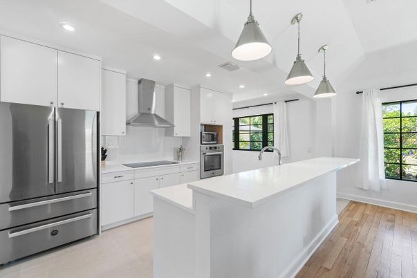 Interior, Kitchen, Pendant Lights, Recessed Lighting, Stainless Steel Appliances, Wood Texture Flooring