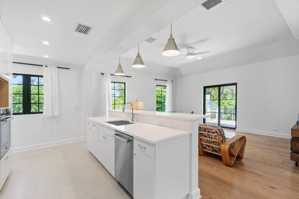 Interior, Kitchen, Pendant Lights, Recessed Lighting, Wood Texture Flooring
