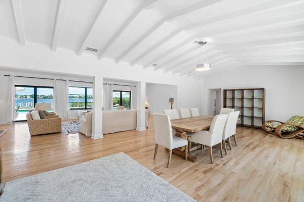 Dining room, Interior, Living room, Pendant Lights, Wood Texture Flooring