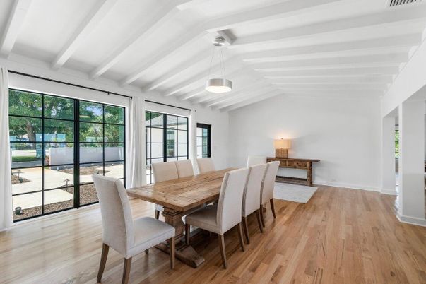 Dining room, Interior, Pendant Lights, Wood Texture Flooring