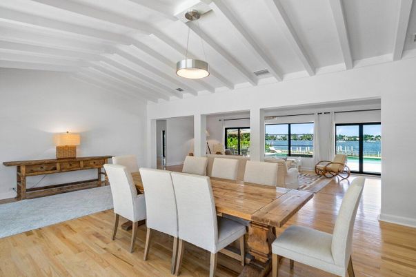 Dining room, Interior, Pendant Lights, Wood Texture Flooring