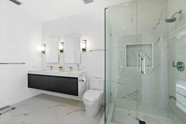 Bathroom, Dual Sink Vanities, Glass Shower, Interior, Marble, Marble Walls