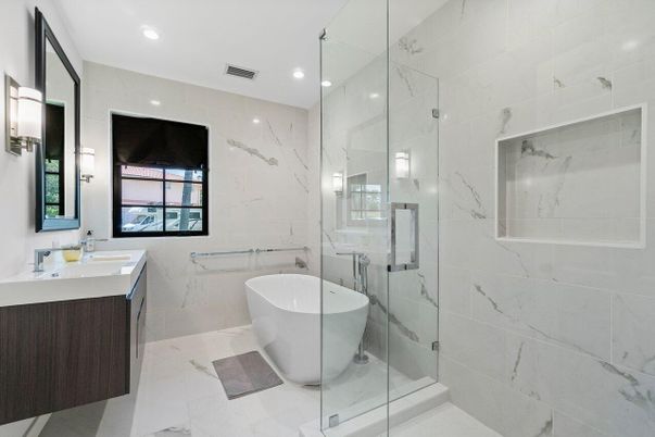 Bathroom, Dual Sink Vanities, Free Standing Baths, Glass Shower, Interior, Marble, Marble Walls, Recessed Lighting