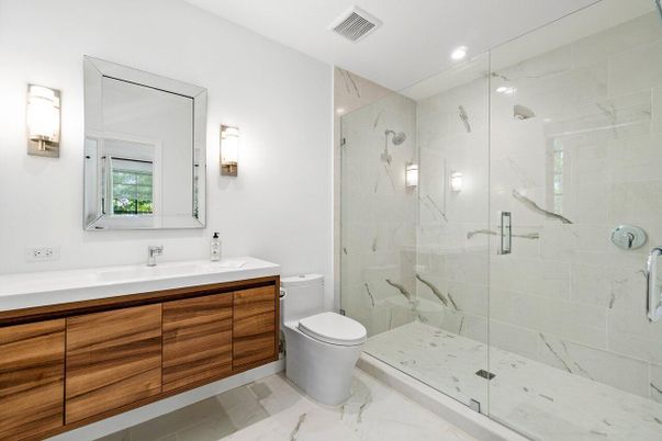 Bathroom, Glass Shower, Interior, Marble, Marble Walls, Recessed Lighting