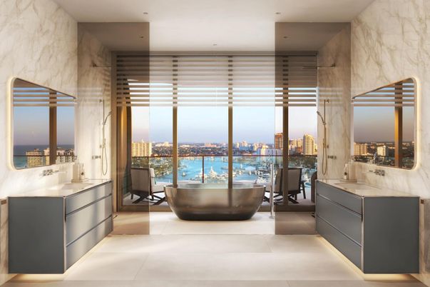 Bathroom, Interior, Marble Walls, Recessed Lighting, Water