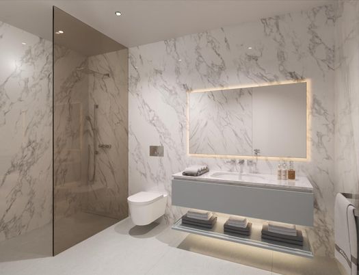 Bathroom, Glass Shower, Interior, Marble Walls, Recessed Lighting