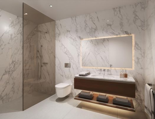 Bathroom, Glass Shower, Interior, Marble Walls, Recessed Lighting
