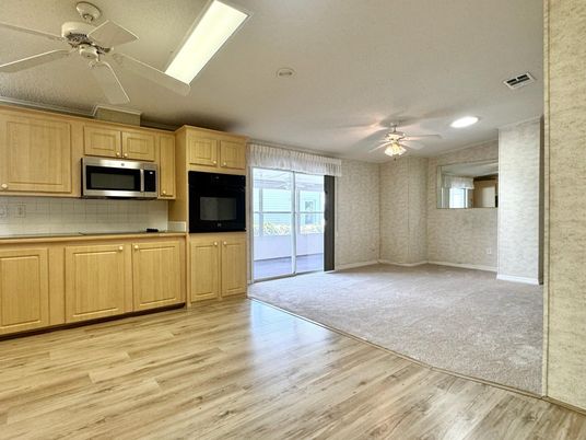 Empty room, Interior, Kitchen, Recessed Lighting, Wood Texture Flooring