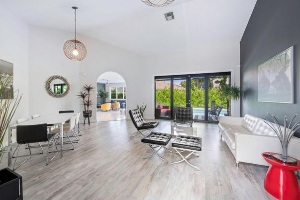 Dining room, Interior, Living room, Pendant Lights, Wood Texture Flooring