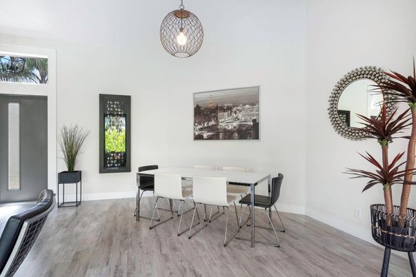 Dining room, Interior, Pendant Lights, Wood Texture Flooring