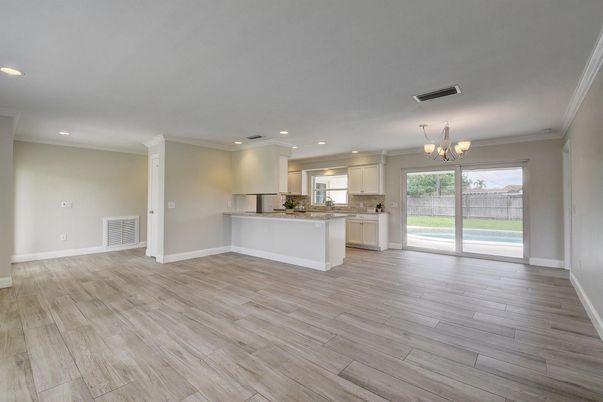 Chandelier, Empty room, Interior, Kitchen, Recessed Lighting, Wood Texture Flooring