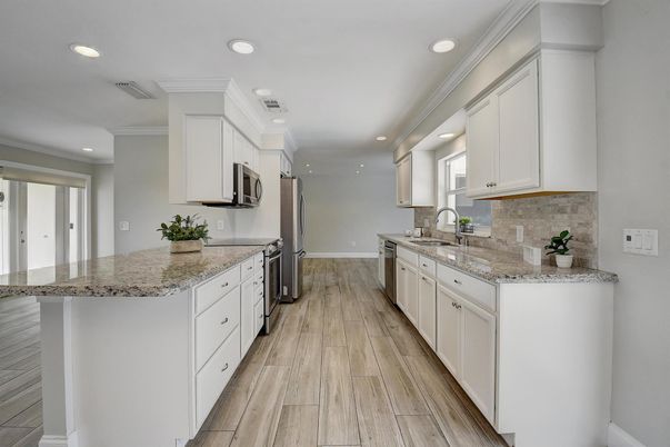 Interior, Kitchen, Recessed Lighting, Stainless Steel Appliances, Wood Texture Flooring