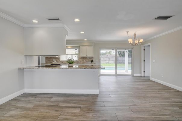 Chandelier, Interior, Kitchen, Recessed Lighting, Wood Texture Flooring